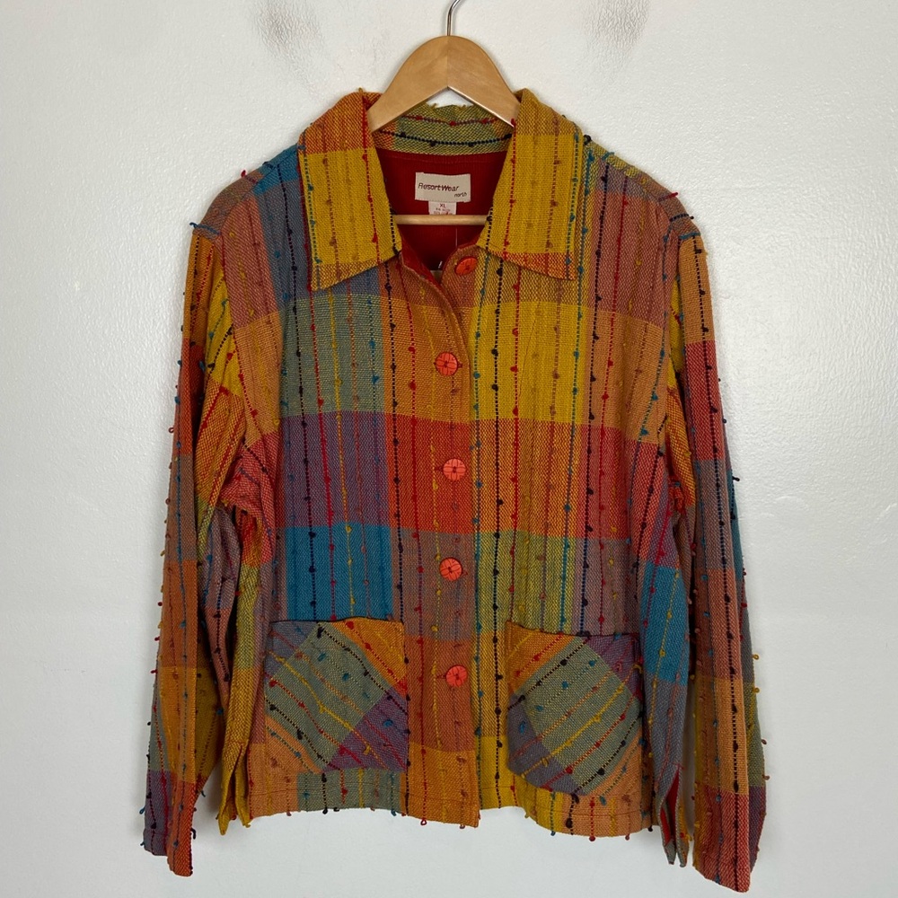 Resort Wear North Woven Patchwork Jacket XL Artsy Cotton Colorblock Langelook‎